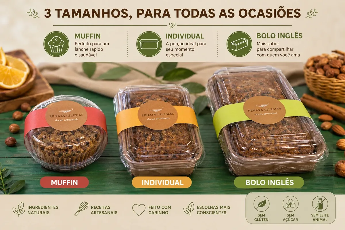 Três tamanhos e embalagens para vender: muffin, individual e bolo inglês